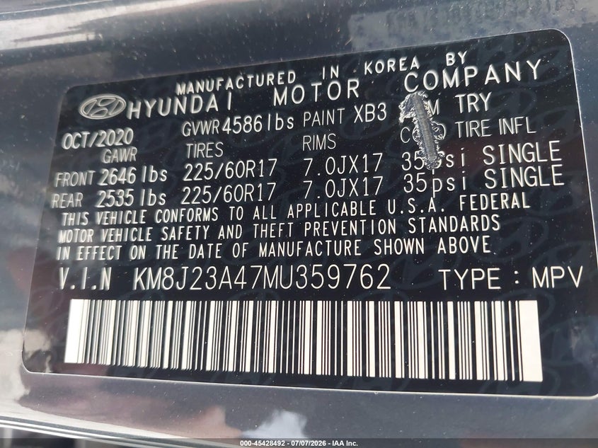 2021 Hyundai Tucson VIN KM8J23A47MU359762 IAAI salvage auction — THEFT, Salvage (Ohio), sold $4,300 on 2026-08-02 (photo 9)