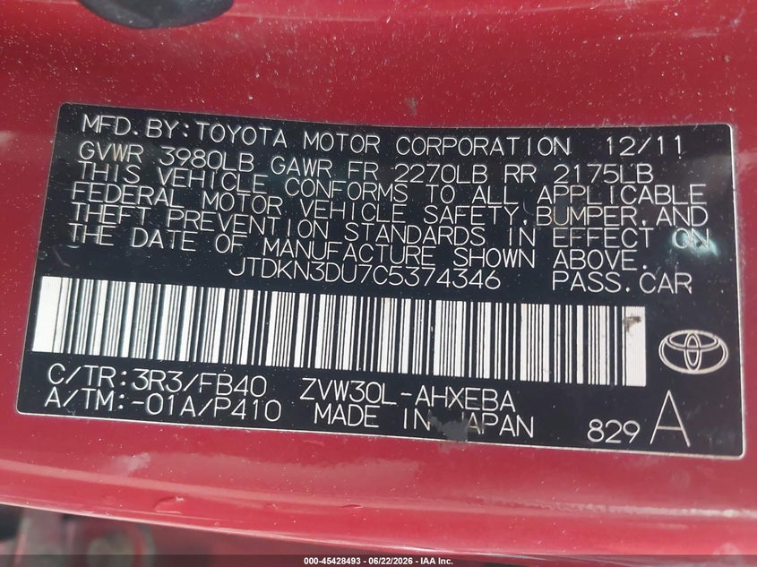 2012 Toyota Prius VIN JTDKN3DU7C5374346 IAAI salvage auction — FRONT END, Salvage (Idaho), sold $575 on 2026-07-17 (photo 9)
