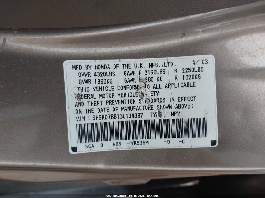 2003 Honda Cr-v VIN SHSRD78813U134397 IAAI salvage auction — NORMAL WEAR, Clear (Maryland), sold $550 on 2026-07-23 (photo 9)
