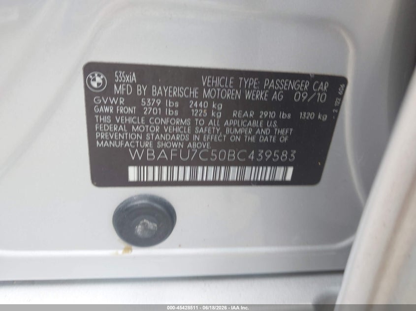 2011 BMW 5 series VIN WBAFU7C50BC439583 IAAI salvage auction — REPOSSESSION, Clear (Alabama), sold $1,525 on 2026-07-17 (photo 9)