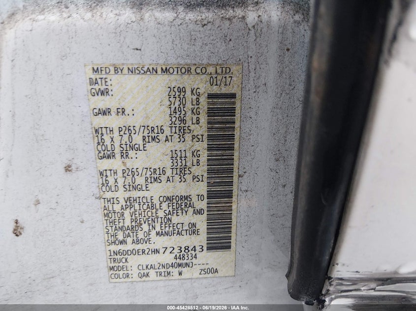 2017 Nissan Navara (frontier) VIN 1N6DD0ER2HN723843 IAAI salvage auction — SIDE, Salvage (South Carolina), sold $3,850 on 2026-07-18 (photo 9)