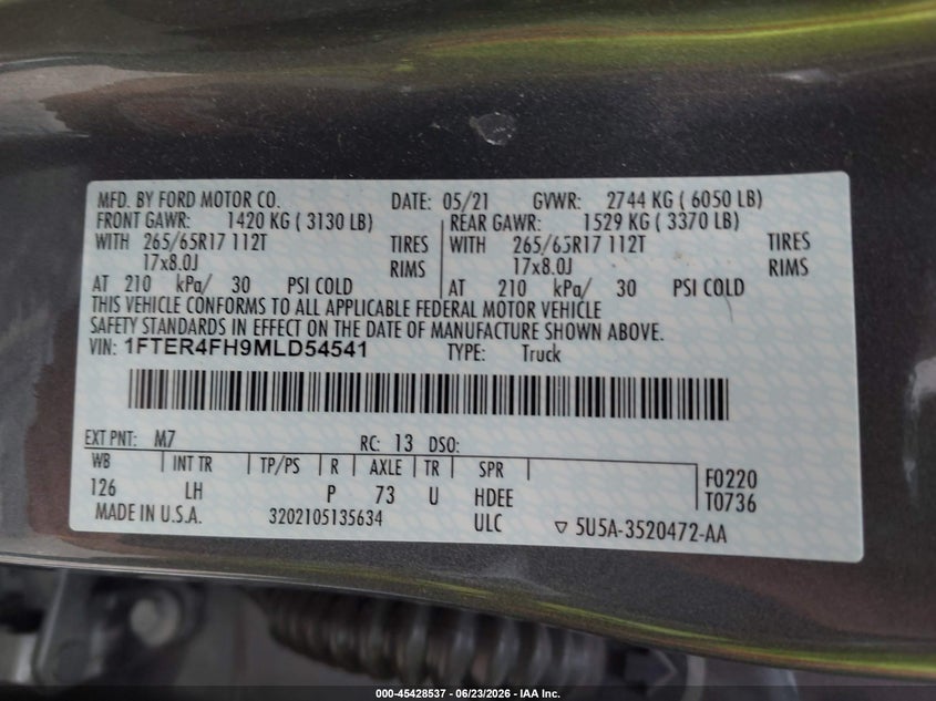 2021 Ford Ranger VIN 1FTER4FH9MLD54541 IAAI salvage auction — REAR END, Salvage Title, sold $9,000 on 2026-07-28 (photo 9)