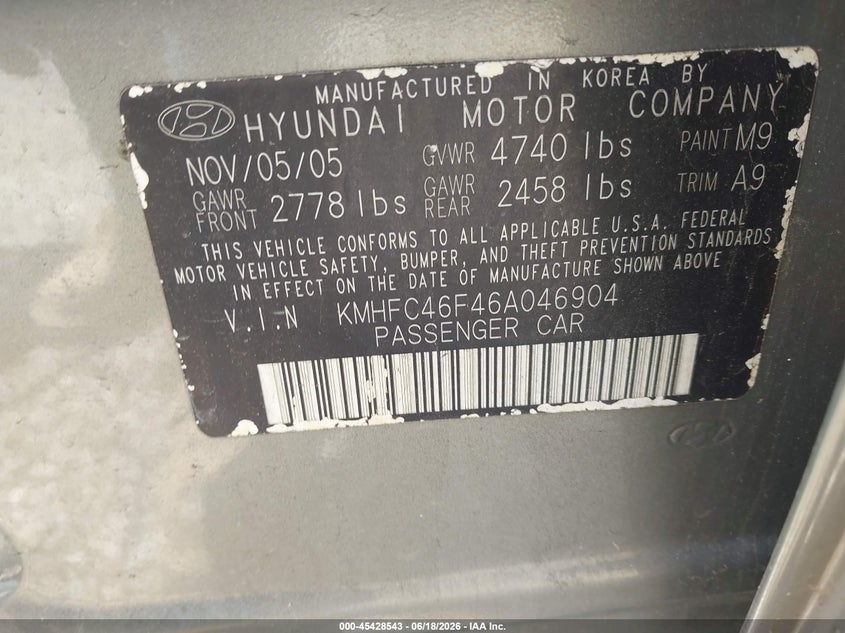 2006 Hyundai Azera VIN KMHFC46F46A046904 IAAI salvage auction — FRONT END, Salvage (Pennsylvania), sold $350 on 2026-07-14 (photo 9)