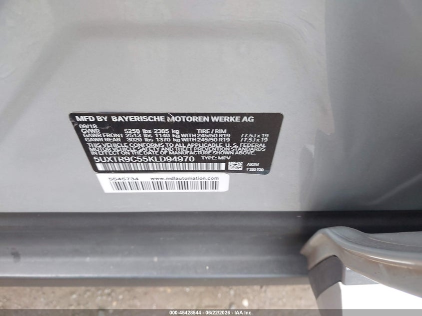 2019 BMW X3 VIN 5UXTR9C55KLD94970 IAAI salvage auction — FRONT END, Salvage Title, sold $5,300 on 2026-07-28 (photo 9)