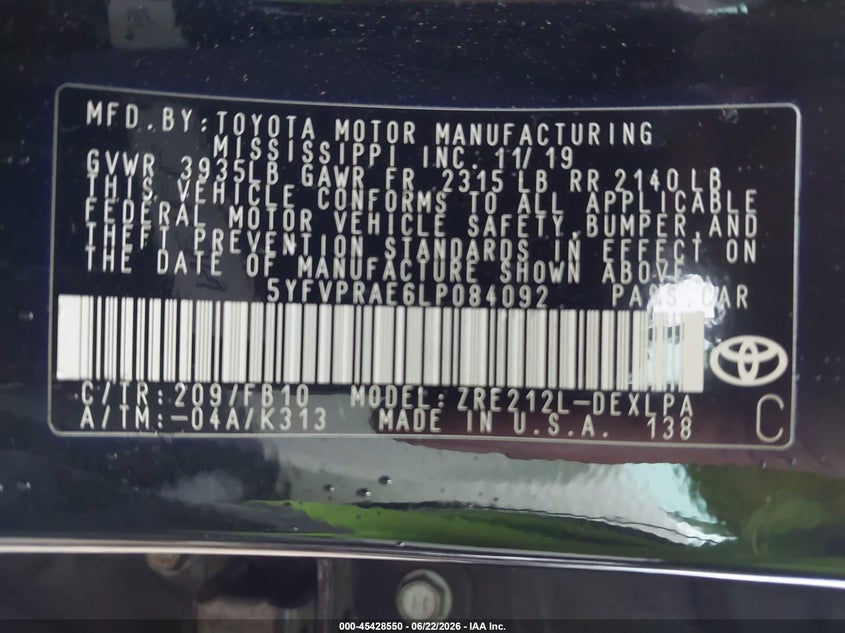 2020 Toyota Corolla VIN 5YFVPRAE6LP084092 IAAI salvage auction — FRONT END, Mv-907A (New York), sold $1,825 on 2026-07-16 (photo 9)
