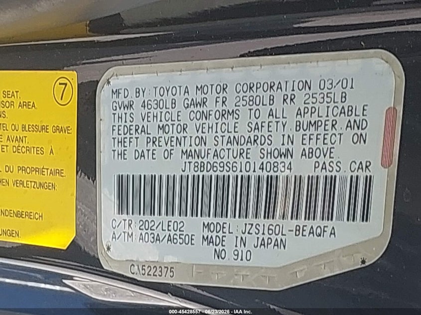 2001 Lexus Gs 300 VIN JT8BD69S610140834 IAAI salvage auction — NORMAL WEAR, Repossession Paperwork (Georgia), sold $25 on 2026-07-22 (photo 9)