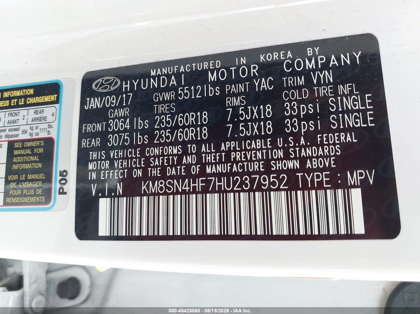 2017 Hyundai Santa fe VIN KM8SN4HF7HU237952 IAAI salvage auction — Burn Engine, Salvage Title, sold $2,500 on 2026-07-30 (photo 9)