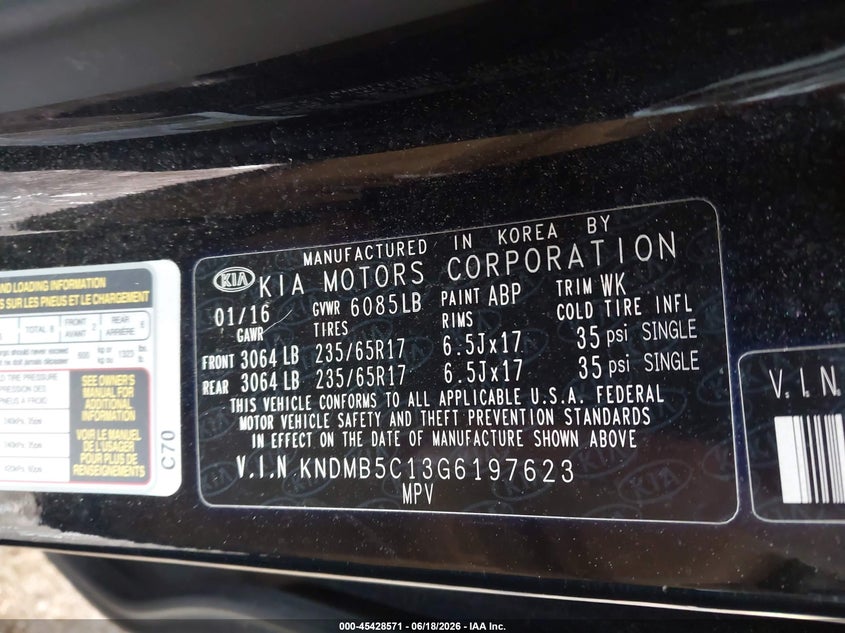 2016 Kia SEDONA VIN KNDMB5C13G6197623 IAAI salvage auction — FRONT END, Salvage Title, sold $25 on 2026-07-31 (photo 9)