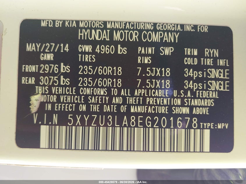 2014 Hyundai Santa fe VIN 5XYZU3LA8EG201678 IAAI salvage auction — FRONT END, Salvage (Tennessee), sold $625 on 2026-07-16 (photo 9)