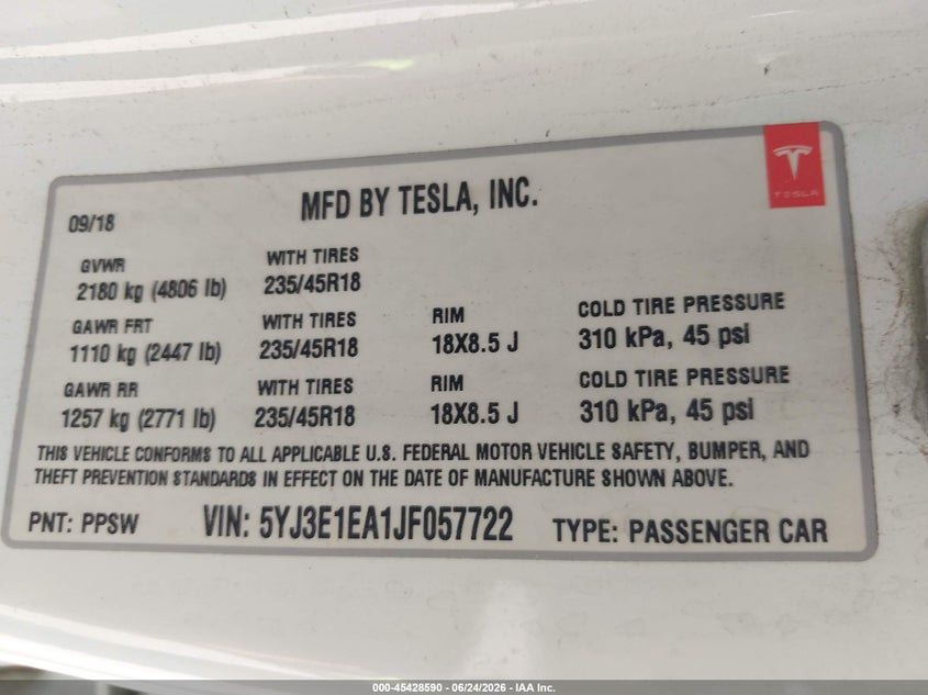 2018 Tesla Model 3 VIN 5YJ3E1EA1JF057722 IAAI salvage auction — SIDE, Salvage (Texas), sold $6,350 on 2026-07-22 (photo 9)