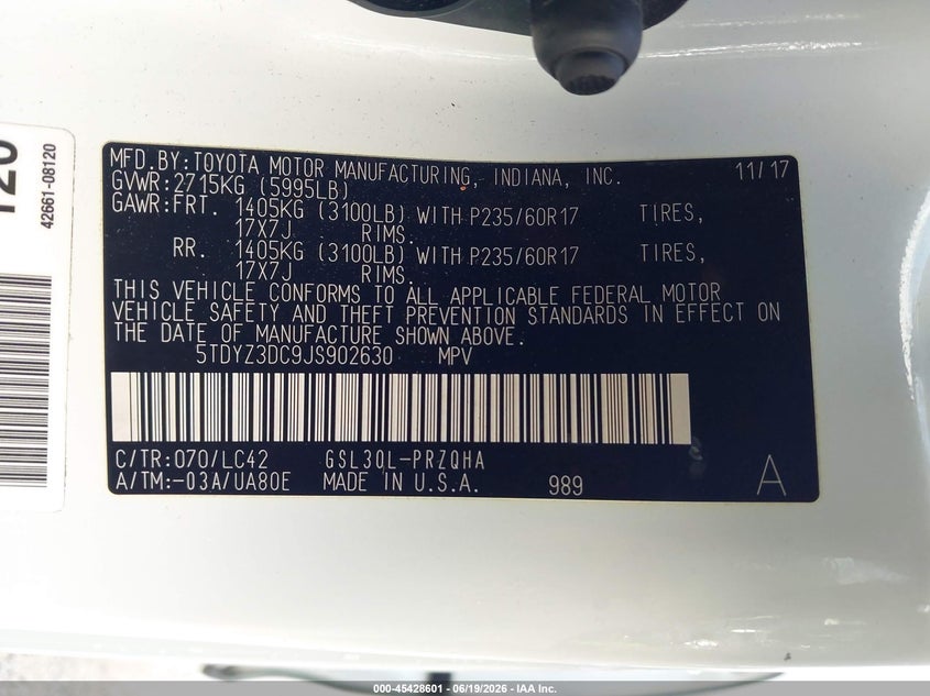 2018 Toyota Sienna VIN 5TDYZ3DC9JS902630 IAAI salvage auction — REAR END, Salvage (Georgia), sold $5,600 on 2026-07-16 (photo 9)
