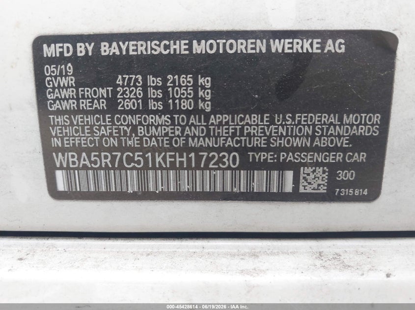 2019 BMW 3er VIN WBA5R7C51KFH17230 IAAI salvage auction — FRONT END, Salvage - Greater Than 75% (Maryland), sold $9,100 on 2026-08-29 (photo 9)