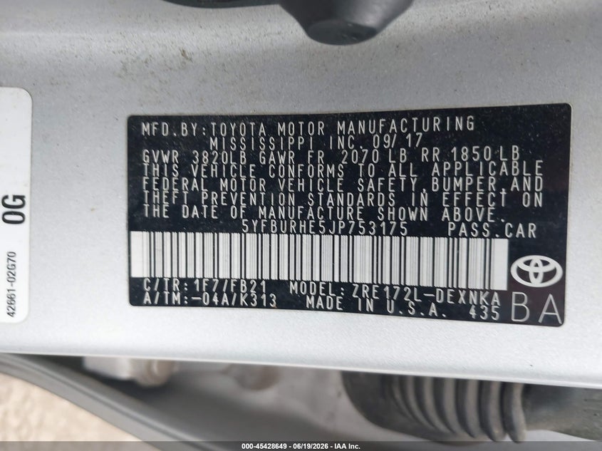2018 Toyota Corolla VIN 5YFBURHE5JP753175 IAAI salvage auction — FRONT END, Salvage Title, sold $2,450 on 2026-07-21 (photo 9)
