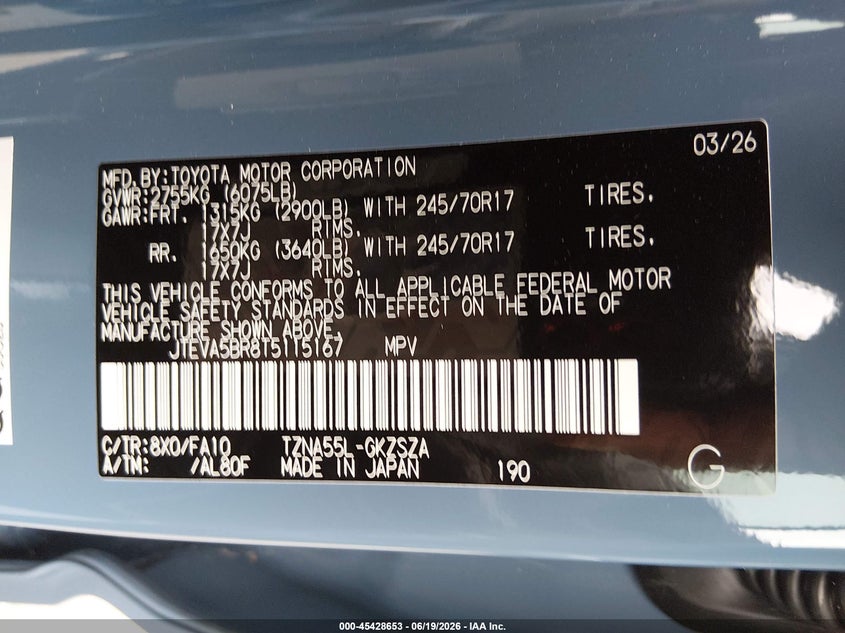 2026 Toyota 4runner VIN JTEVA5BR8T5115167 IAAI salvage auction — LEFT FRONT, Clear (California), sold $30,350 on 2026-07-15 (photo 9)
