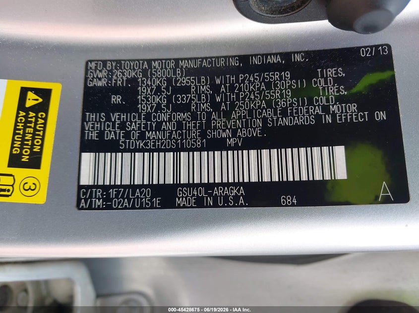 2013 Toyota Highlander VIN 5TDYK3EH2DS110581 IAAI salvage auction — REAR END, Salvage (Georgia), sold $4,250 on 2026-07-15 (photo 9)