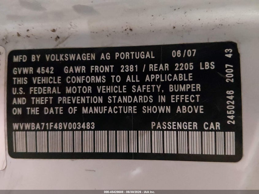 2008 Volkswagen Eos VIN WVWBA71F48V003483 IAAI salvage auction — HAIL, Salvage (Iowa), sold $25 on 2026-07-28 (photo 9)