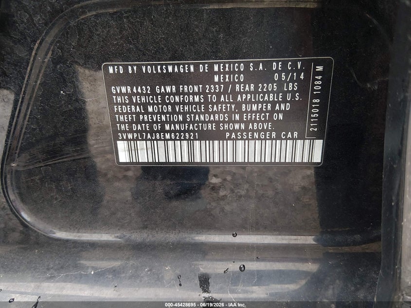 2014 Volkswagen Jetta VIN 3VWPL7AJ8EM622921 IAAI salvage auction — REAR END, Salvage (Kentucky), sold $1,300 on 2026-07-24 (photo 9)