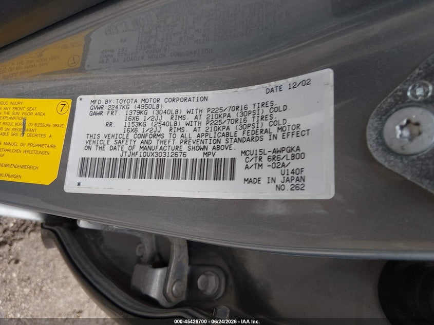 2003 Lexus Rx 300 VIN JTJHF10UX30312676 IAAI salvage auction — NORMAL WEAR, Regular Certificate (Iowa), sold $400 on 2026-07-29 (photo 9)