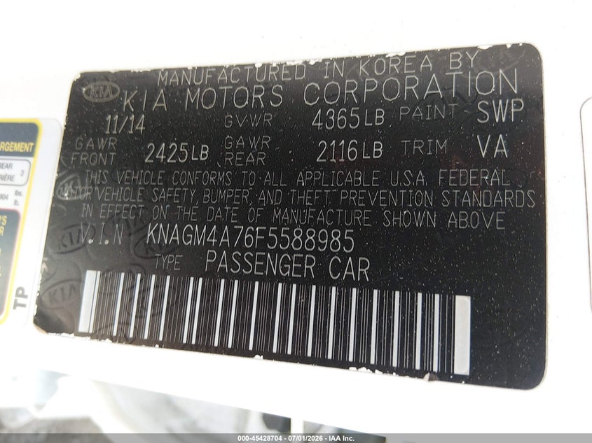 2015 Kia Optima VIN KNAGM4A76F5588985 IAAI salvage auction — FRONT END, Salvage Title, sold $575 on 2026-07-19 (photo 9)