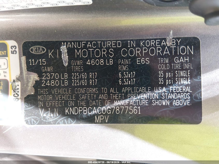 2016 Kia Sportage VIN KNDPBCAC0G7877561 IAAI salvage auction — NORMAL WEAR, Clear (Illinois), sold $1,725 on 2026-07-07 (photo 9)