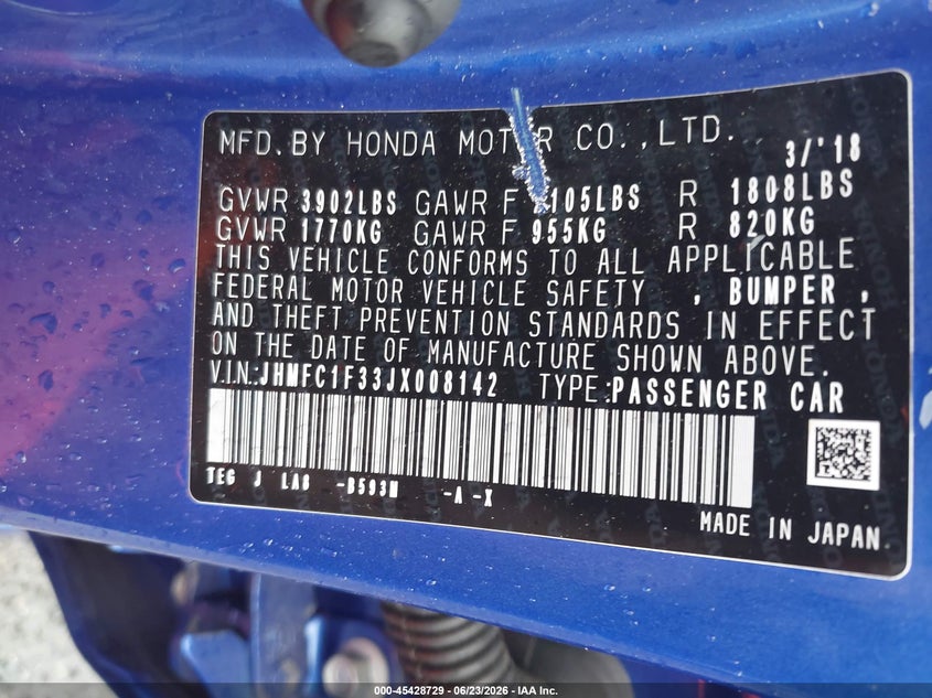 2018 Honda Civic VIN JHMFC1F33JX008142 IAAI salvage auction — FRONT END, Salvage - Greater Than 75% (Maryland), sold $4,700 on 2026-07-08 (photo 9)