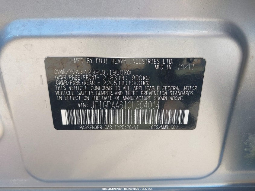 2012 Subaru Impreza VIN JF1GPAA61CH204014 IAAI salvage auction — FRONT END, Salvage (Indiana), sold $650 on 2026-07-28 (photo 9)