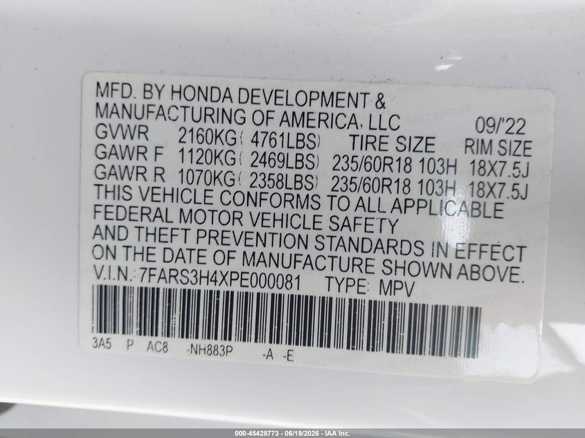 2023 Honda Cr-v VIN 7FARS3H4XPE000081 IAAI salvage auction — RIGHT FRONT, Salvage Title, sold $6,300 on 2026-07-28 (photo 9)