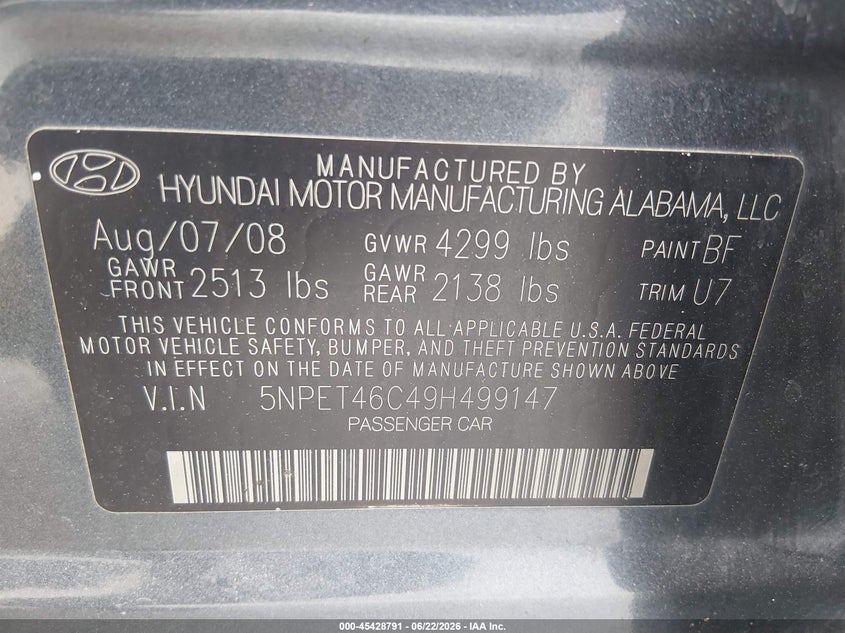 2009 Hyundai Sonata VIN 5NPET46C49H499147 IAAI salvage auction — FRONT END, Mv-907A (New York), sold $1,100 on 2026-07-27 (photo 9)