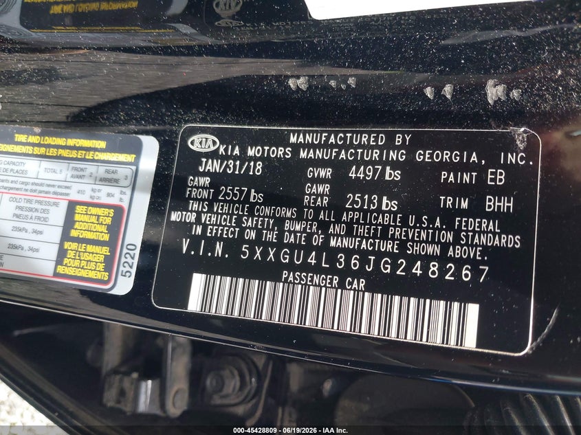 2018 Kia Optima VIN 5XXGU4L36JG248267 IAAI salvage auction — FRONT END, Salvage (South Carolina), sold $3,750 on 2026-07-24 (photo 9)