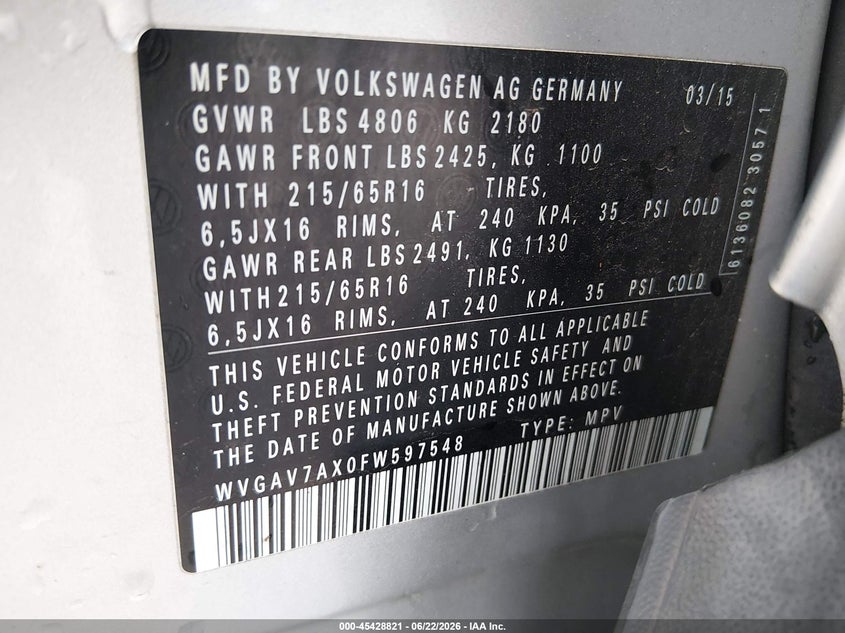 2015 Volkswagen Tiguan VIN WVGAV7AX0FW597548 IAAI salvage auction — FRONT END, Salvage (Ohio), sold $1,525 on 2026-07-14 (photo 9)
