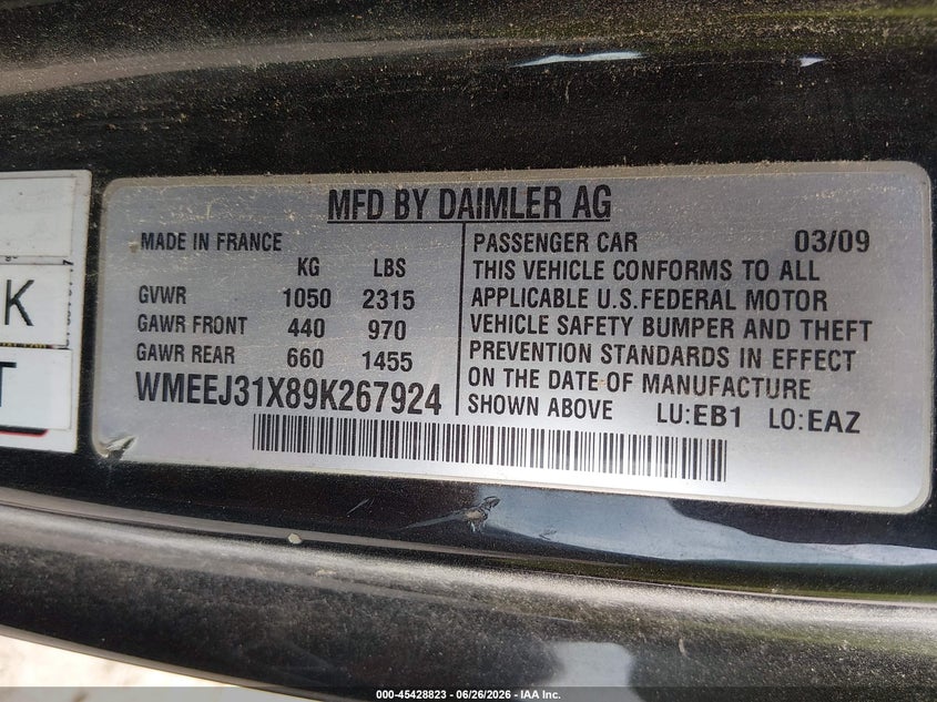 2009 Smart Fortwo VIN WMEEJ31X89K267924 IAAI salvage auction — NORMAL WEAR, Clear (Tennessee), sold $700 on 2026-07-08 (photo 9)