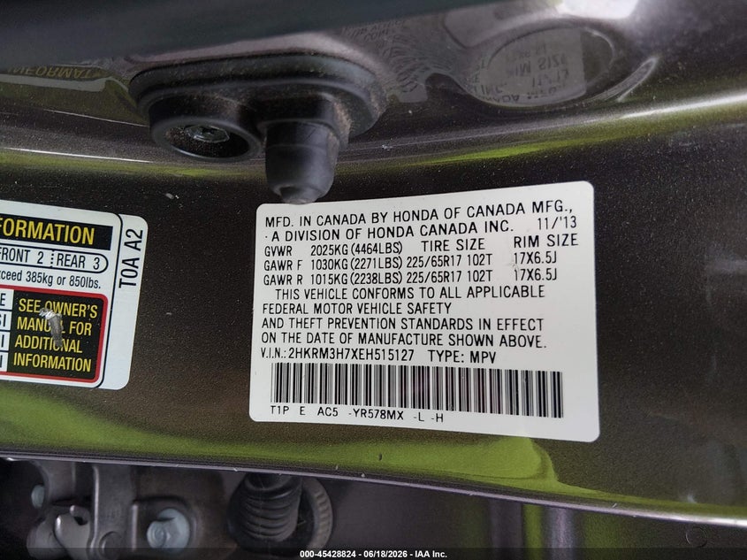 2014 Honda Cr-v VIN 2HKRM3H7XEH515127 IAAI salvage auction — SIDE, Salvage (Illinois), sold $1,800 on 2026-08-01 (photo 9)