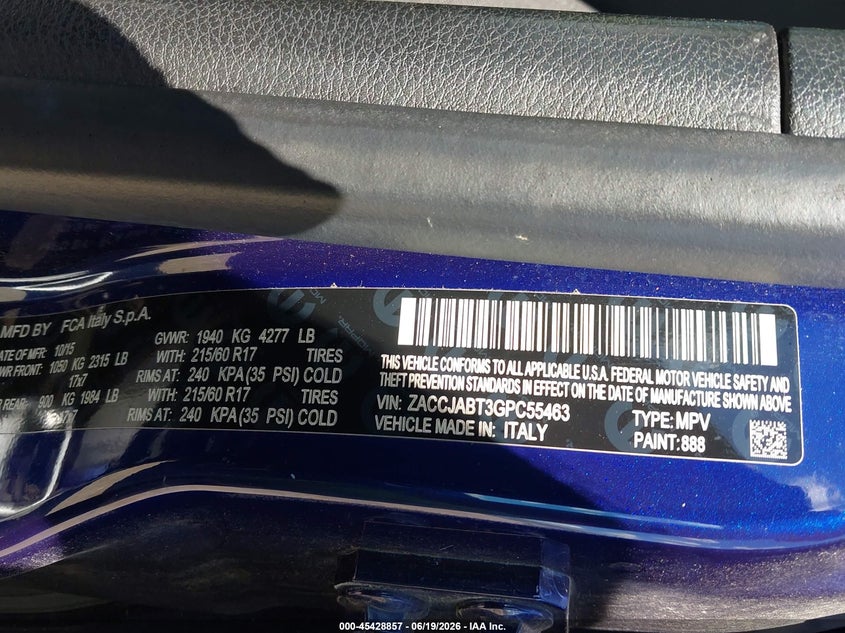 2016 Jeep Renegade VIN ZACCJABT3GPC55463 IAAI salvage auction — REAR END, Clear (Indiana), sold $25 on 2026-07-22 (photo 9)