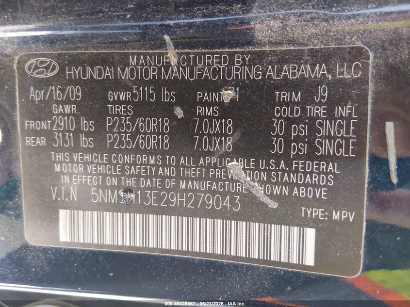 2009 Hyundai Santa fe VIN 5NMSH13E29H279043 IAAI salvage auction — FRONT END, Junk Bill Of Sale Mv2459 (Wisconsin), sold $225 on 2026-07-05 (photo 9)