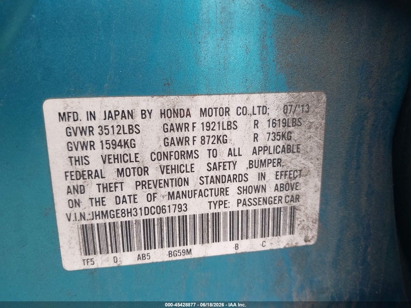 2013 Honda Fit VIN JHMGE8H31DC061793 IAAI salvage auction — NORMAL WEAR, Clear (Maryland), sold $500 on 2026-07-14 (photo 9)
