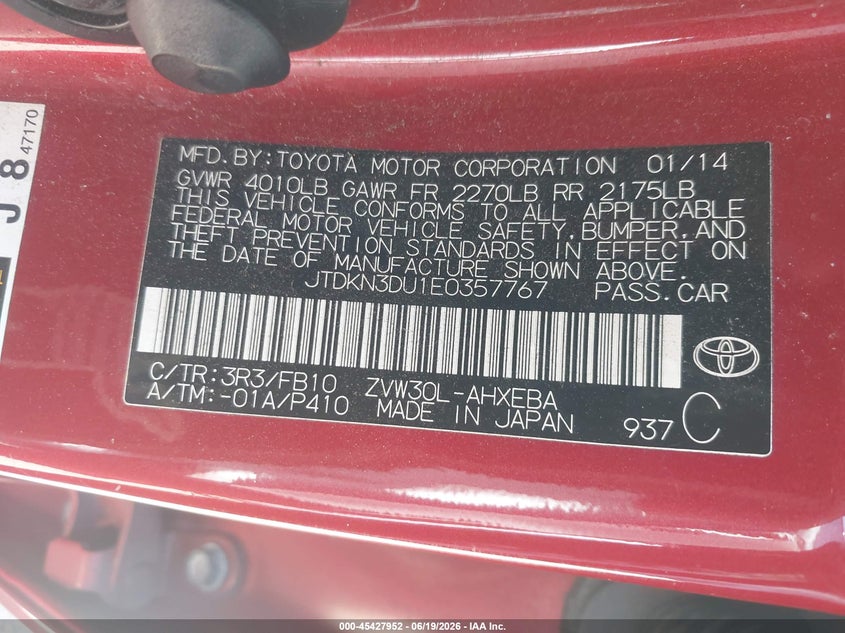 2014 Toyota Prius VIN JTDKN3DU1E0357767 IAAI salvage auction — NORMAL WEAR, Salvage Title - Dealer (California), sold $725 on 2026-07-28 (photo 9)