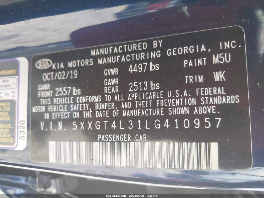 2020 Kia Optima VIN 5XXGT4L31LG410957 IAAI salvage auction — NORMAL WEAR, Clear (Florida), sold $1,600 on 2026-07-23 (photo 9)