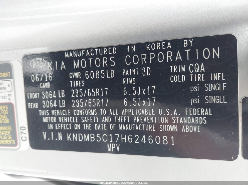 2017 Kia SEDONA VIN KNDMB5C17H6246081 IAAI salvage auction — NORMAL WEAR, Clear (Florida), sold $1,450 on 2026-07-08 (photo 9)