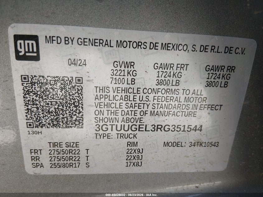 2024 Gmc SIERRA VIN 3GTUUGEL3RG351544 IAAI salvage auction — FRONT END, Clear (South Carolina), sold $23,600 on 2026-07-19 (photo 9)