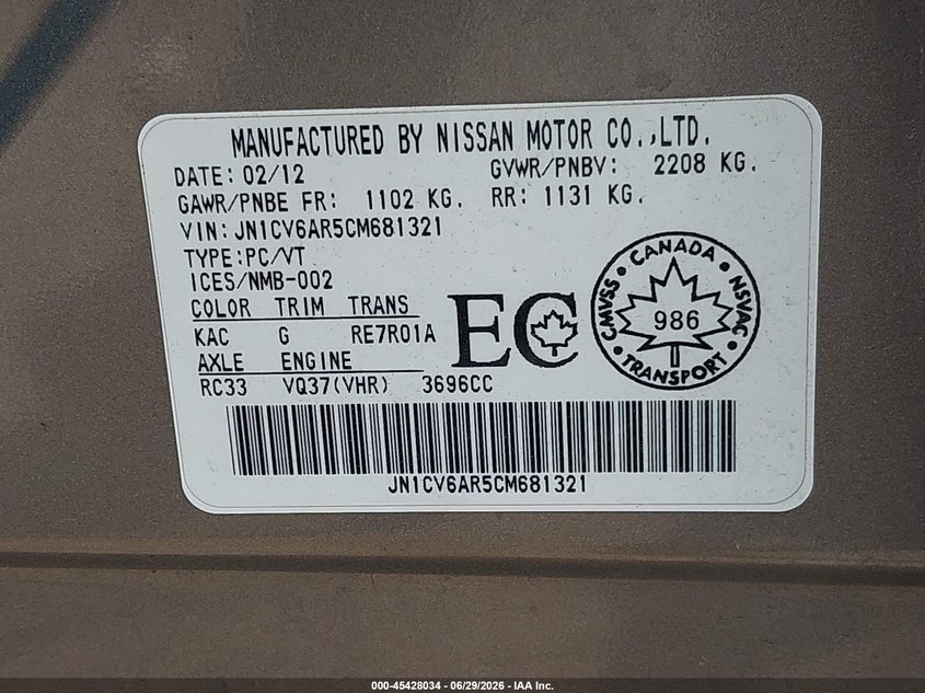 2012 Infiniti G VIN JN1CV6AR5CM681321 IAAI salvage auction — NORMAL WEAR, Clear (New Jersey), sold $400 on 2026-07-13 (photo 9)