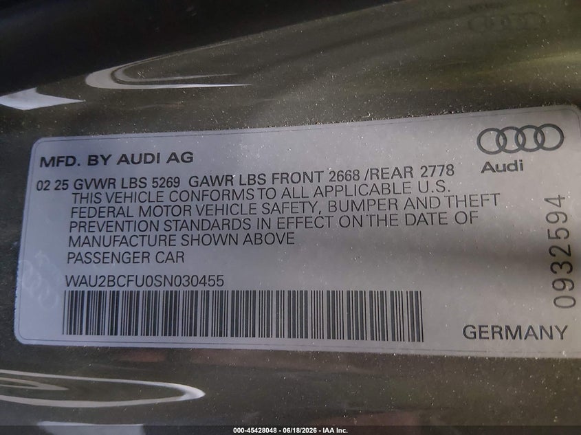 2025 Audi A5 VIN WAU2BCFU0SN030455 IAAI salvage auction — FRONT END, Salvage Title, sold $11,600 on 2026-08-01 (photo 9)