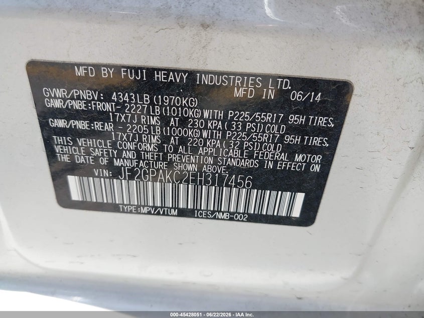 2014 Subaru Xv VIN JF2GPAKC2EH317456 IAAI salvage auction — REAR END, Non-Repairable (California), sold $1,150 on 2026-07-14 (photo 9)