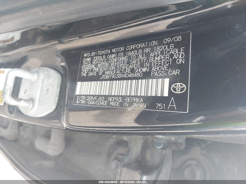 2009 Toyota Yaris VIN JTDBT903894048480 IAAI salvage auction — RIGHT SIDE, Bill Of Sale (New York), sold $450 on 2026-07-14 (photo 9)