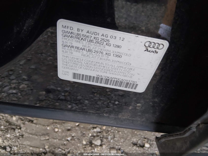 2012 Audi Q5 VIN WA1DKAFP0CA093780 IAAI salvage auction — LEFT FRONT, Salvage Title, sold $525 on 2026-07-14 (photo 9)