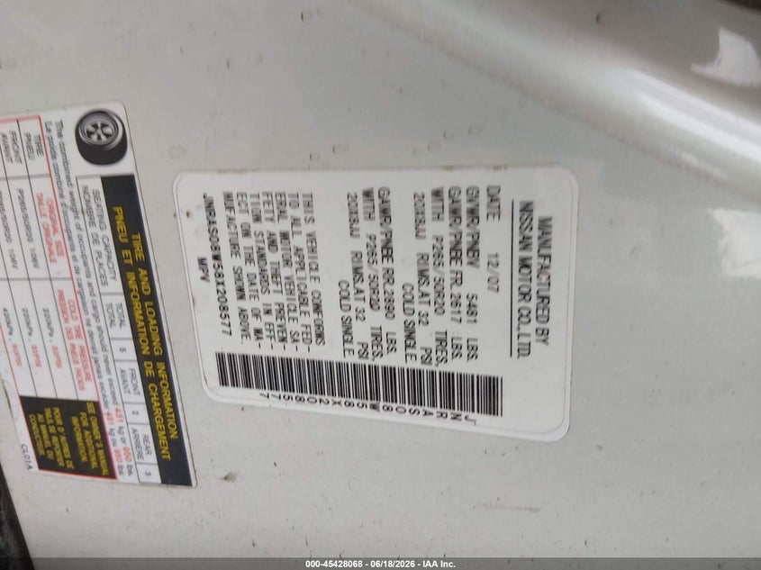 2008 Infiniti Fx35 VIN JNRAS08W58X208577 IAAI salvage auction — REAR END, Bill Of Sale (New York), sold $450 on 2026-07-14 (photo 9)