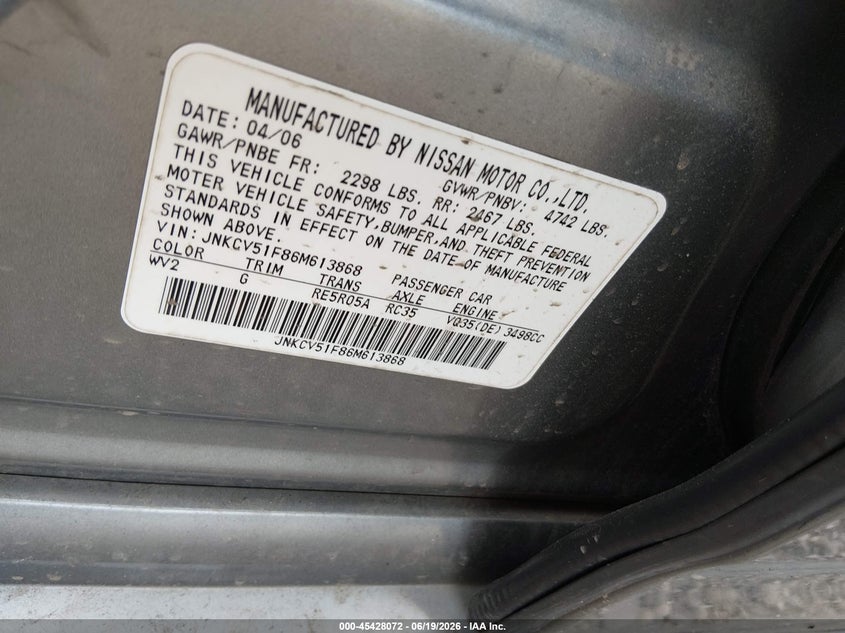 2006 Infiniti G35 VIN JNKCV51F86M613868 IAAI salvage auction — RIGHT REAR, Bill Of Sale (New York), sold $425 on 2026-07-14 (photo 9)