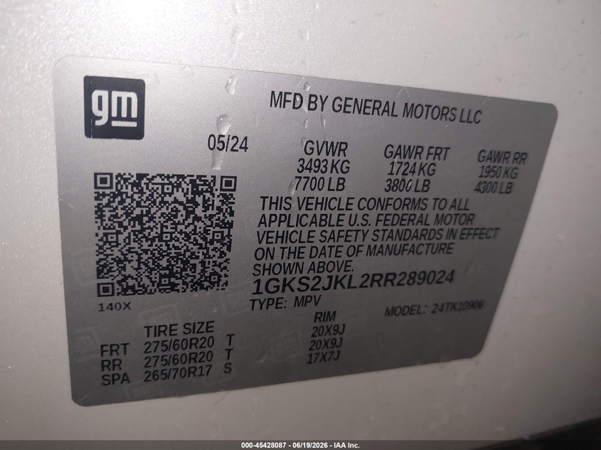 2024 Gmc Yukon VIN 1GKS2JKL2RR289024 IAAI salvage auction — FRONT END, Salvage Title, sold $20,700 on 2026-07-30 (photo 9)