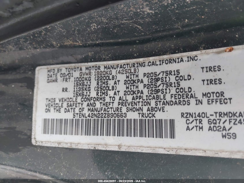 2002 Toyota Tacoma VIN 5TENL42N22Z890663 IAAI salvage auction — NORMAL WEAR, Clear (Massachusetts), sold $1,525 on 2026-07-17 (photo 9)