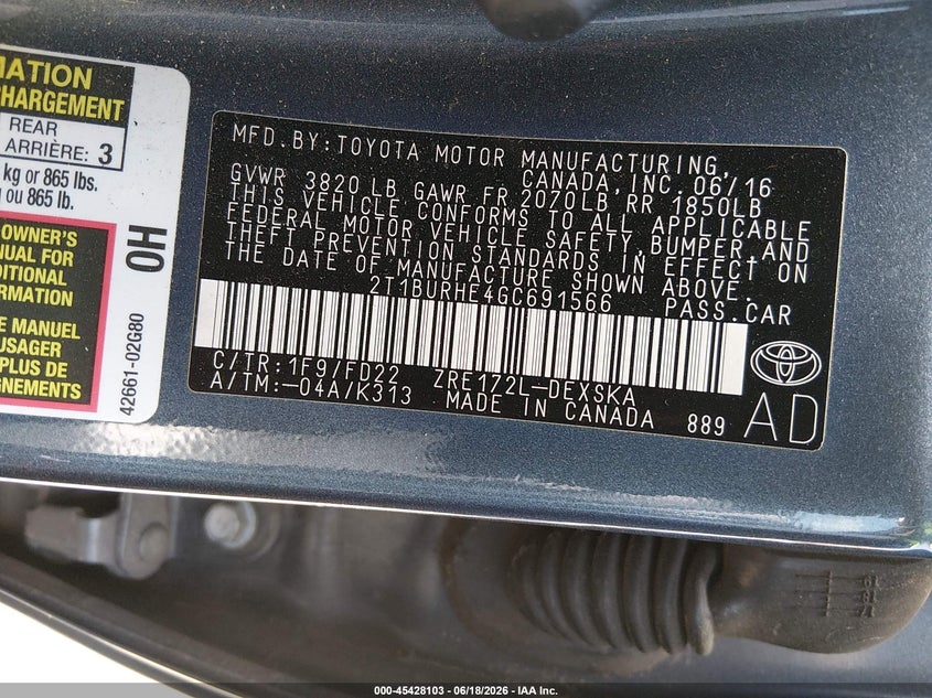 2016 Toyota Corolla VIN 2T1BURHE4GC691566 IAAI salvage auction — FRONT END, Salvage Title, sold $3,350 on 2026-08-05 (photo 9)