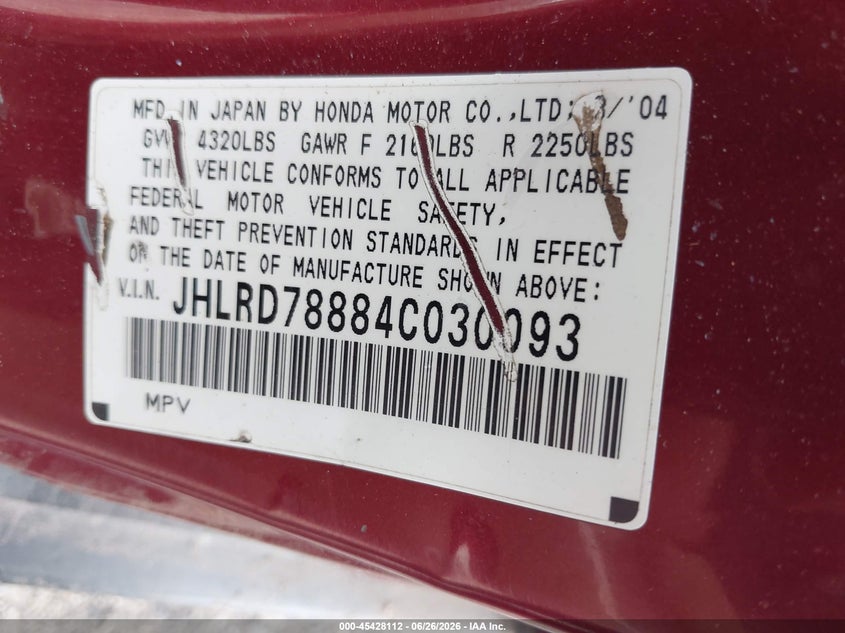 2004 Honda Cr-v VIN JHLRD78884C030093 IAAI salvage auction — NORMAL WEAR, Clear (New Jersey), sold $550 on 2026-07-29 (photo 9)